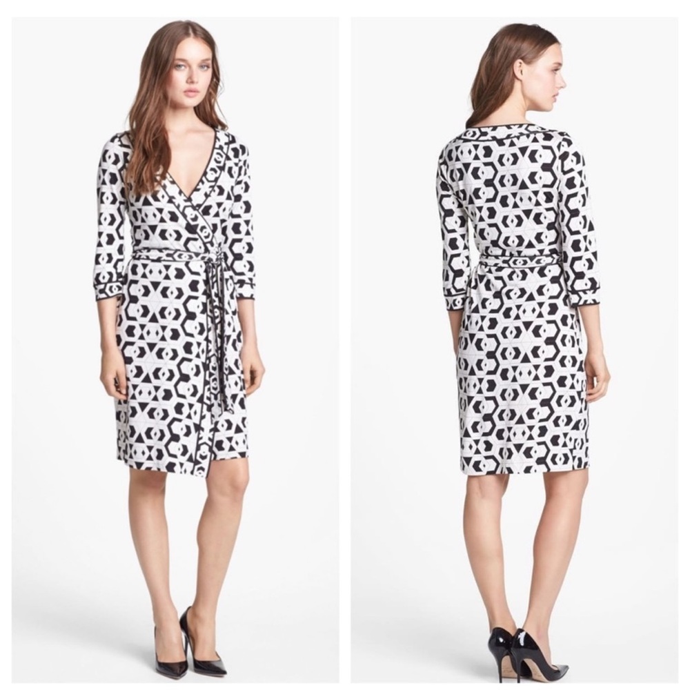 Diane von Furstenberg DVF Silk Wrap Dress Banded Julian Hex Maze Black Size 4
